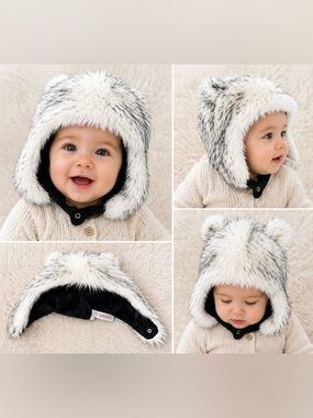 EskimoKids Faux Fur Trapper Hat White Black Winter Ski Hat Ear Flap